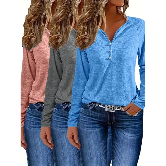 Notch V Neck Shirts - 3 Pack Long Sleeve Tees With Button Detail