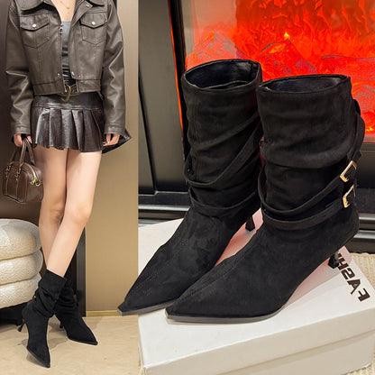 Pointed Toe Stiletto Boots | Women's Slim Ankle Boots | Black Suede Style