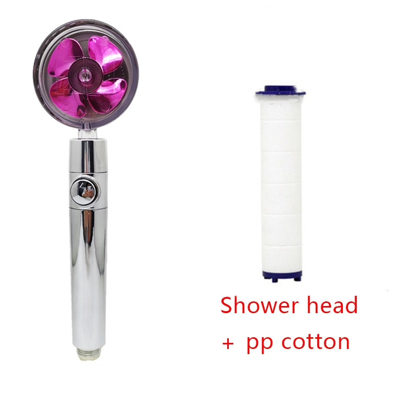 Silver shower head with pink fan blade and white PP cotton filter cartridge