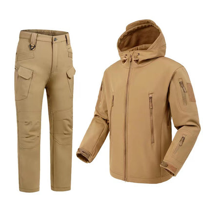 tan tactical pants and hooded softshell jacket with multiple zippered pockets and adjustable cuffs