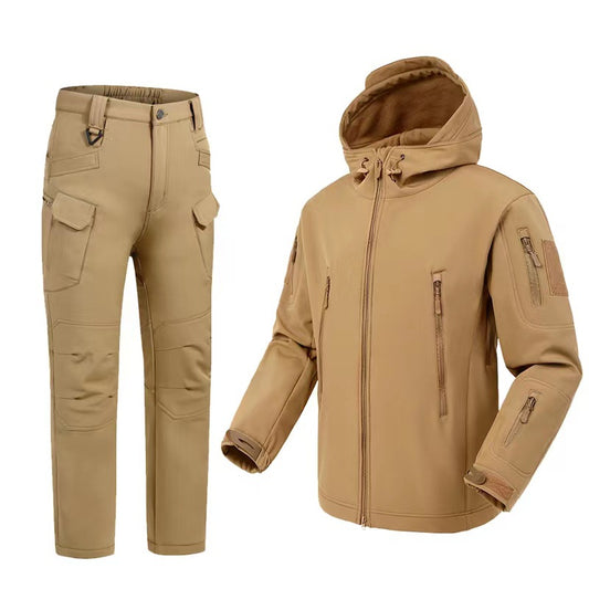 tan tactical pants and hooded softshell jacket with multiple zippered pockets and adjustable cuffs
