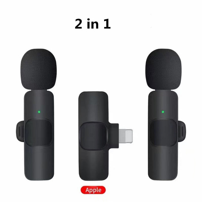 2-in-1 Apple compatible black wireless microphone with foam windscreen and Lightning connector