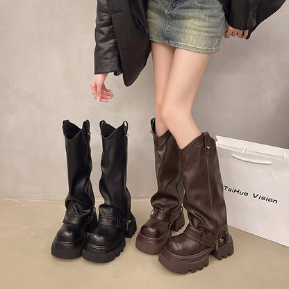 Below Knee Boots | Women's Black Leather Thick Sole Footwear With Rubber Sole