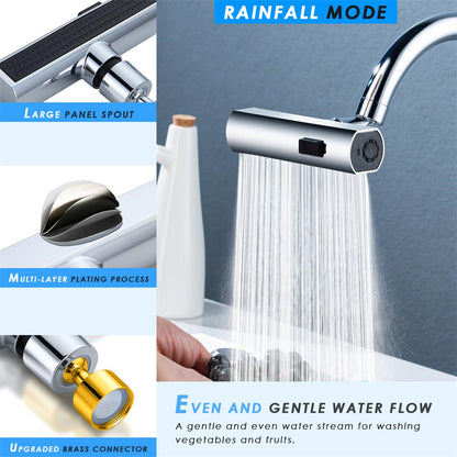 Chrome faucet with rainfall mode showing even gentle water flow for washing vegetables and fruits