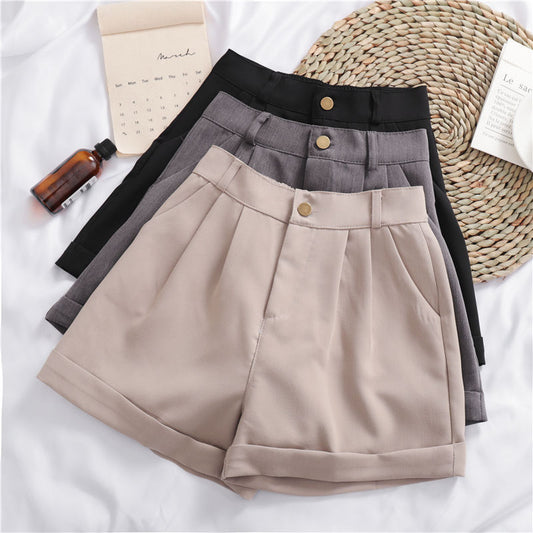 Wide-Leg Casual Shorts - High Waist Roll-Up Cotton Shorts for Women
