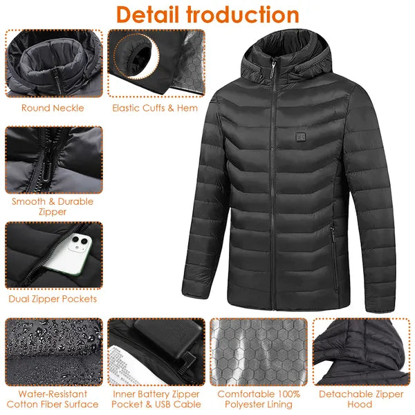 Black insulated winter jacket with detachable hood, smooth zipper, water-resistant surface, USB battery pocket
