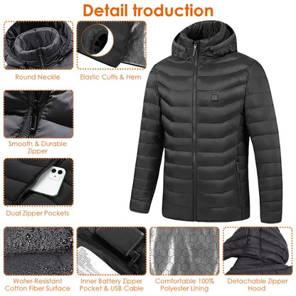 Black insulated winter jacket with detachable hood, smooth zipper, water-resistant surface, USB battery pocket