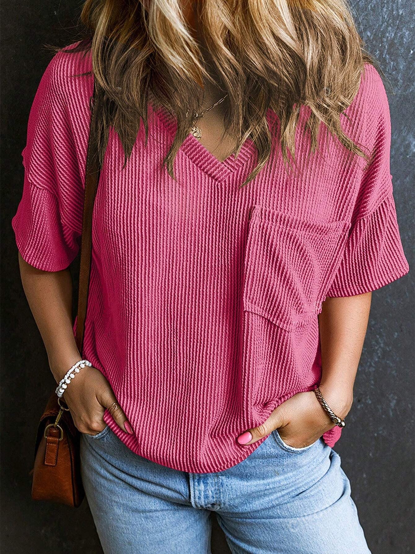 Two-Tone Pullover Top - Women's Summer V-Neck Blouse With Pocket