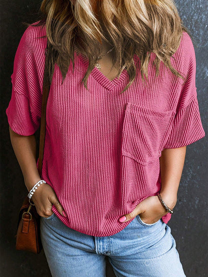 Two-Tone Pullover Top - Women's Summer V-Neck Blouse With Pocket