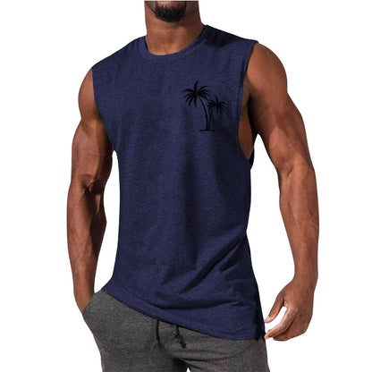 Men's Workout Tank Top - Summer Fitness Vest With Coconut Tree Embroidery