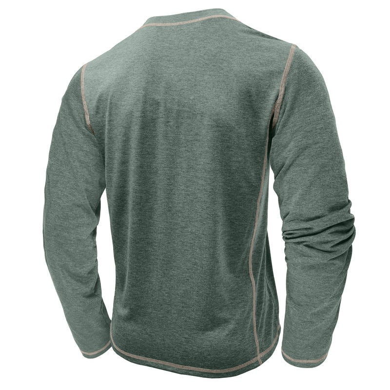 Back view of a heather green long-sleeve shirt with beige contrast stitching on sleeves and torso