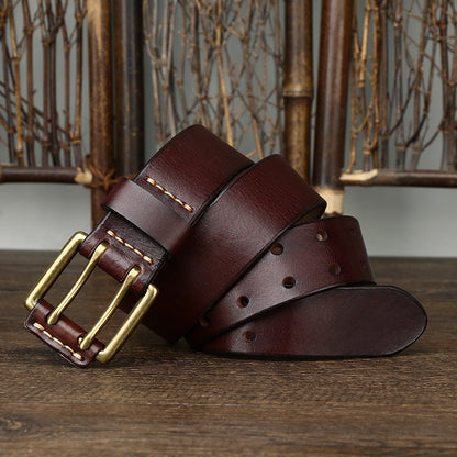 Vintage Leather Belt – Handmade Cowhide Brass Buckle Classic Men's Accessory