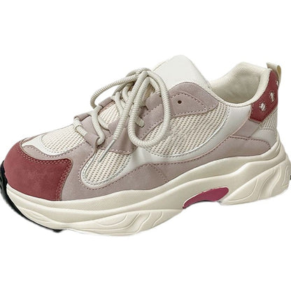 Chunky sneaker with mesh and suede panels in beige, cream, and red, featuring thick white sole
