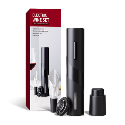 Black electric wine set with opener, aerator, vacuum stopper, and foil cutter on white background