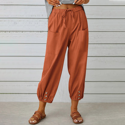 Cotton Linen Pants - Women's Drawstring Waist Trousers With Pockets & Buttons