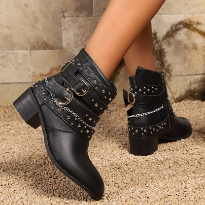 Women's Square Heel Boots | Denim Rivet Slip-On Ankle Shoes | Comfortable Mid Heel