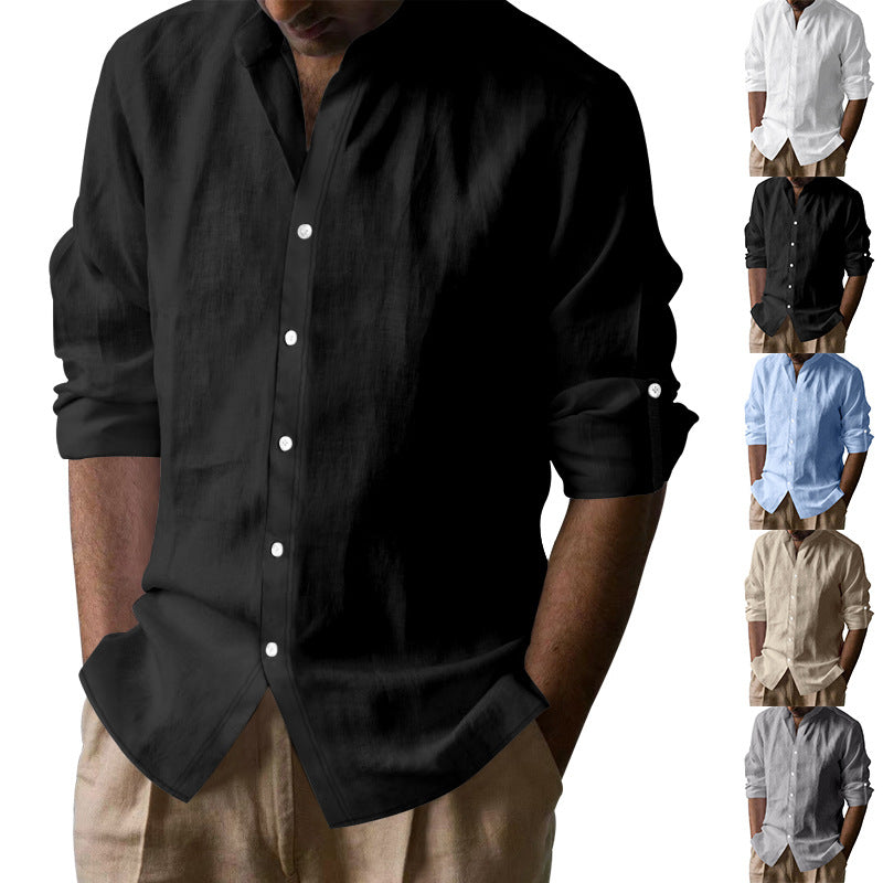 Men's casual long-sleeve linen shirt in black, white, blue, beige, and gray with button details