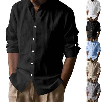 Men's casual long-sleeve linen shirt in black, white, blue, beige, and gray with button details