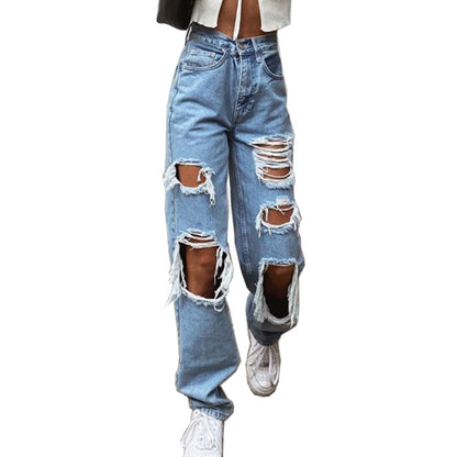 Retro Hole-Punched Jeans | High Waist Wide Leg Pants | Comfortable Casual Denim