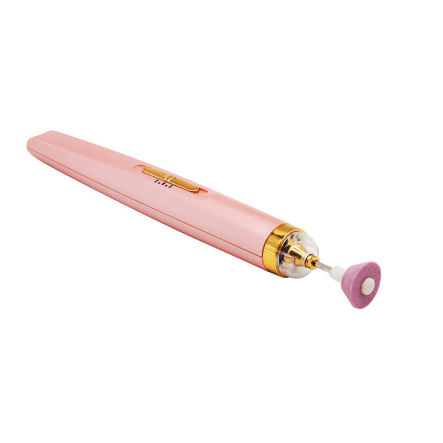 Pink electric nail drill tool with gold accents and a purple sanding bit on white background