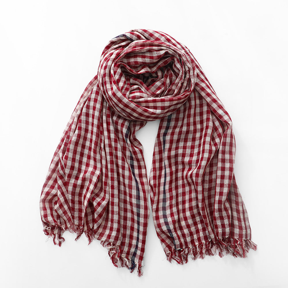 Plaid Cotton Scarf - Thin Lightweight Mid-Length Scarf for Men Women