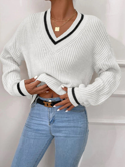 Cable Knit Sweater Women’s Winter V Neck Striped Pullover Top – Cozy Casual Jumper