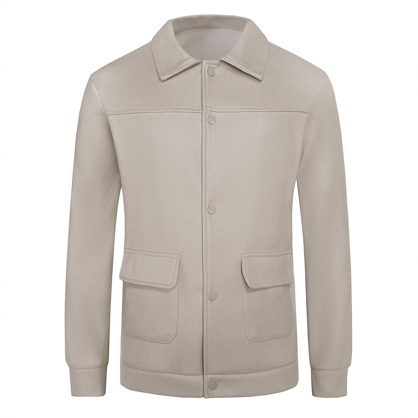 Beige men's classic button-up jacket with collar and flap pockets on white background