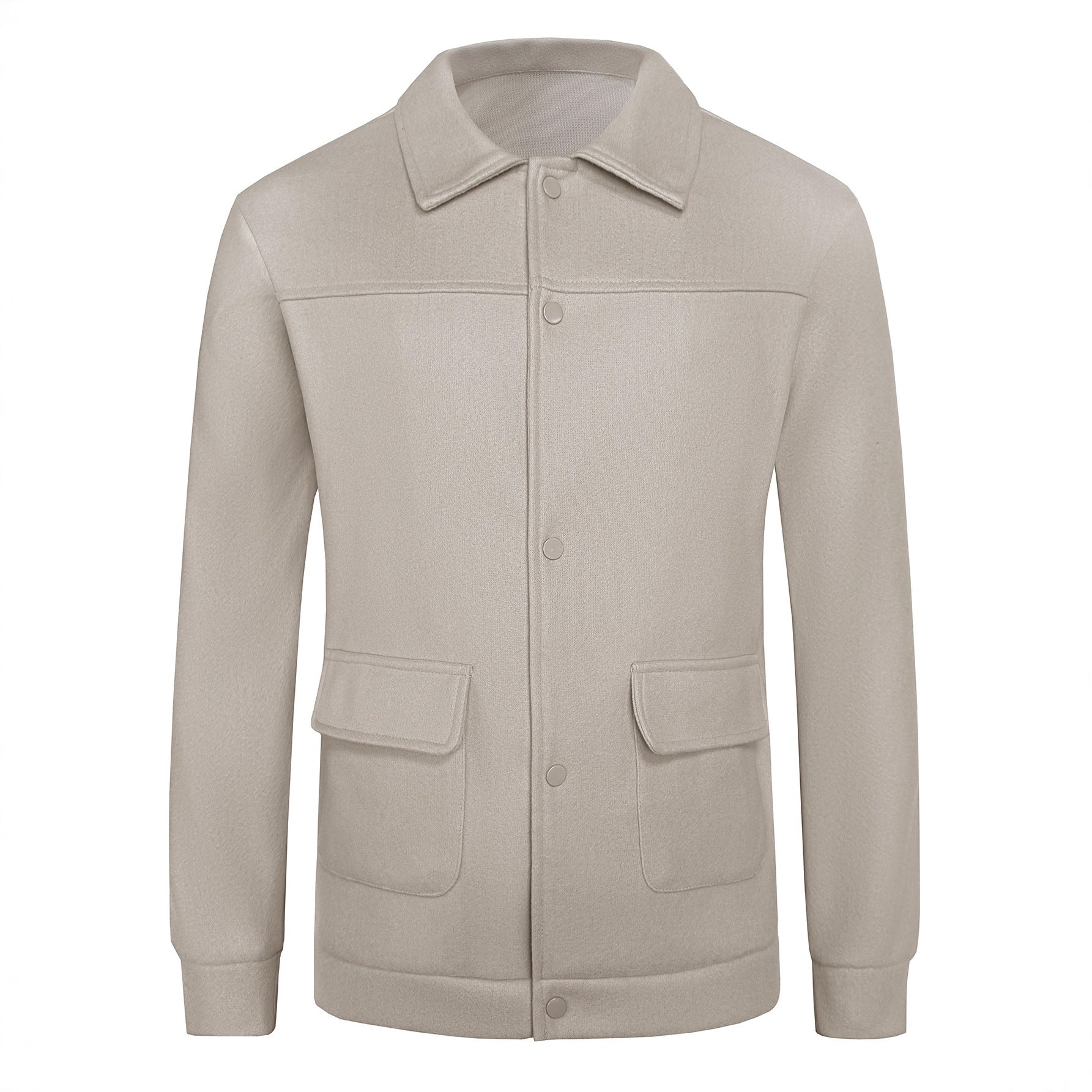 Beige men's classic button-up jacket with collar and flap pockets on white background