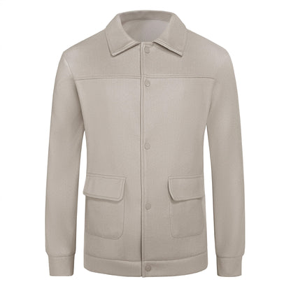 Beige men's classic button-up jacket with collar and flap pockets on white background