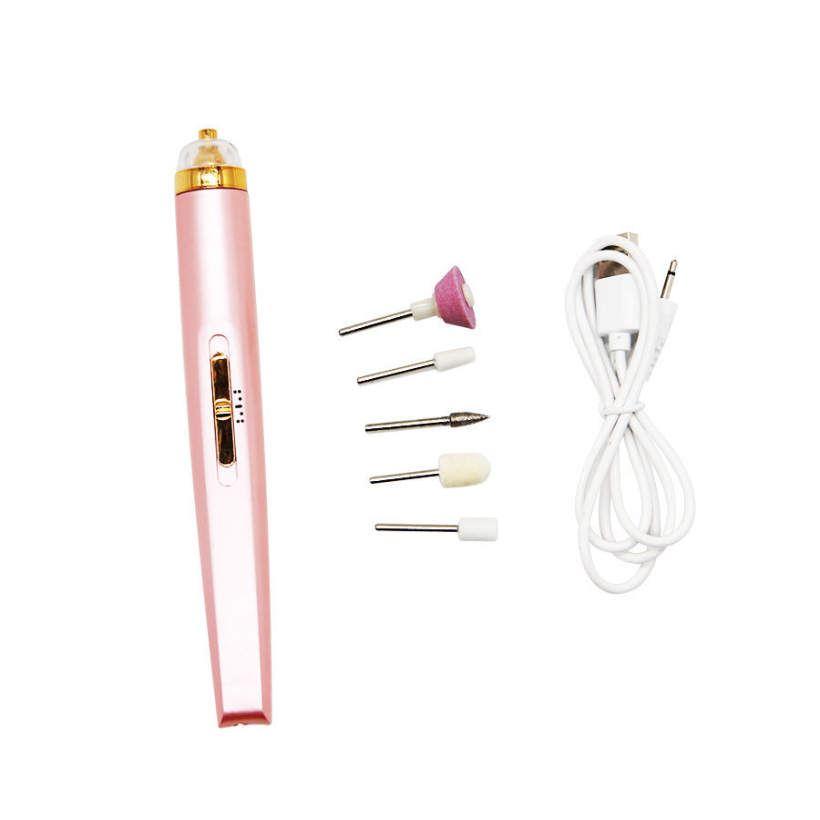 Pink electric nail drill kit with five drill bits and white USB charging cable on white background