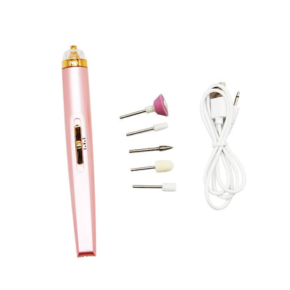 Pink electric nail drill kit with five drill bits and white USB charging cable on white background