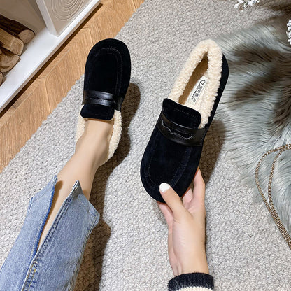Women's Velvet Shoes | Warm Cotton Shoes | Retro Flat Heel Footwear