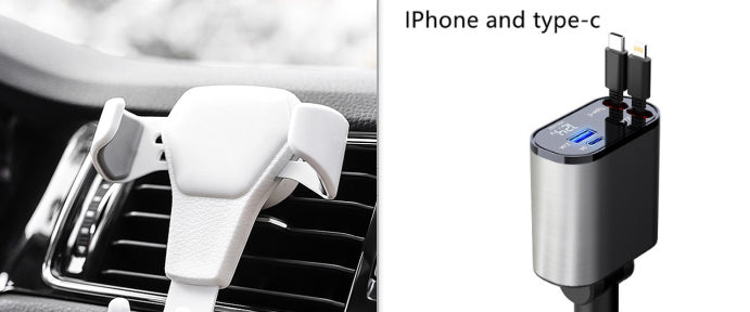 Car phone holder on air vent and dual-port USB car charger with iPhone and USB Type-C cables