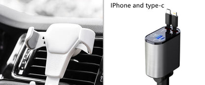 Car phone holder on air vent and dual-port USB car charger with iPhone and USB Type-C cables