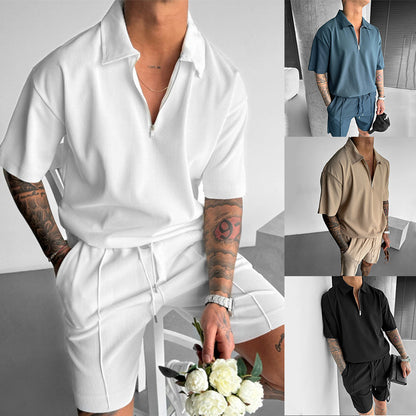 Mens Casual Suit Set | Summer Mens Clothing | Zipper Polo & Drawstring Shorts