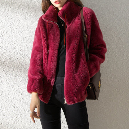 Warm Fleece Sweater Double Faced High Neck Cardigan For Women - Loose Fit