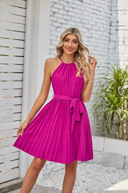 Halter Strapless Dress - Solid Color Sundress With Pleated Skirt For Summer Beach