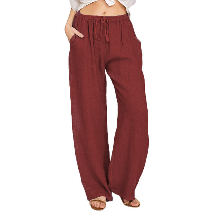 Women’s loose fit wide-leg burgundy linen pants with elastic waistband and side pockets