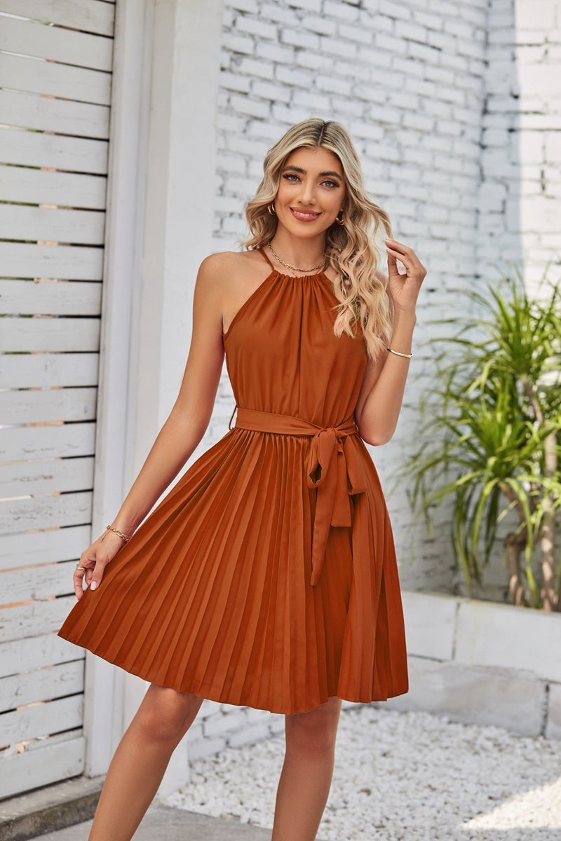 Halter Strapless Dress - Solid Color Sundress With Pleated Skirt For Summer Beach