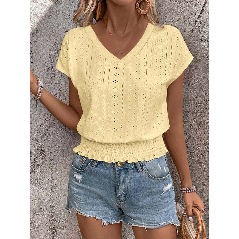 Women Summer Eyelet Top - Casual V Neck Blouse With Smocked Elastic Hem