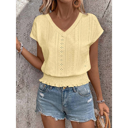 Women Summer Eyelet Top - Casual V Neck Blouse With Smocked Elastic Hem
