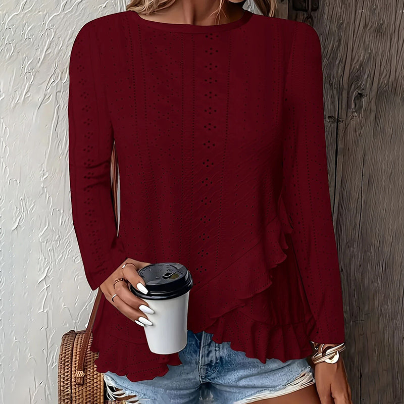 Women Eyelet Tops - Long Sleeve Blouse With Ruffle Hem | Lightweight Summer Workwear