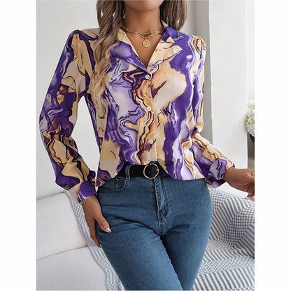 Printed Button Down Shirt - Women's Fall Tops With V Neck & Long Sleeves