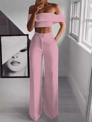 Women's Pantsuit Set – Cropped Top Outfit & Wide-Leg Pants | Green Polyester Fiber Clothes