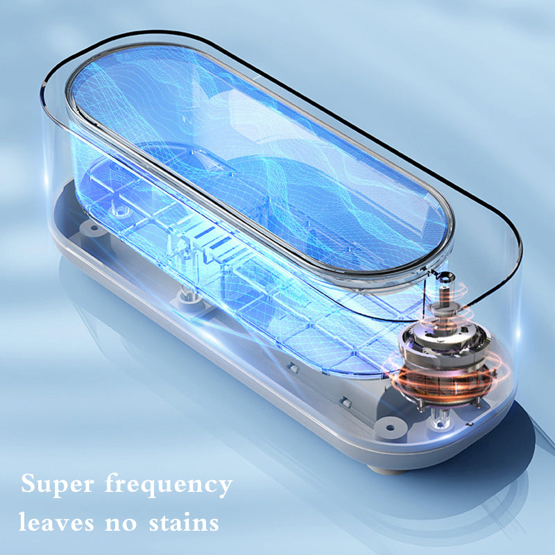 Transparent cleaning device with blue ultrasonic waves and rotating motor components
