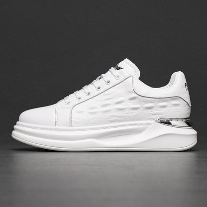 Side view of white leather low-top sneaker with textured pattern and chunky sole against dark background
