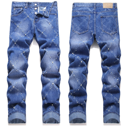 Front and back view of blue denim jeans with stitched diamond pattern and pearl embellishments