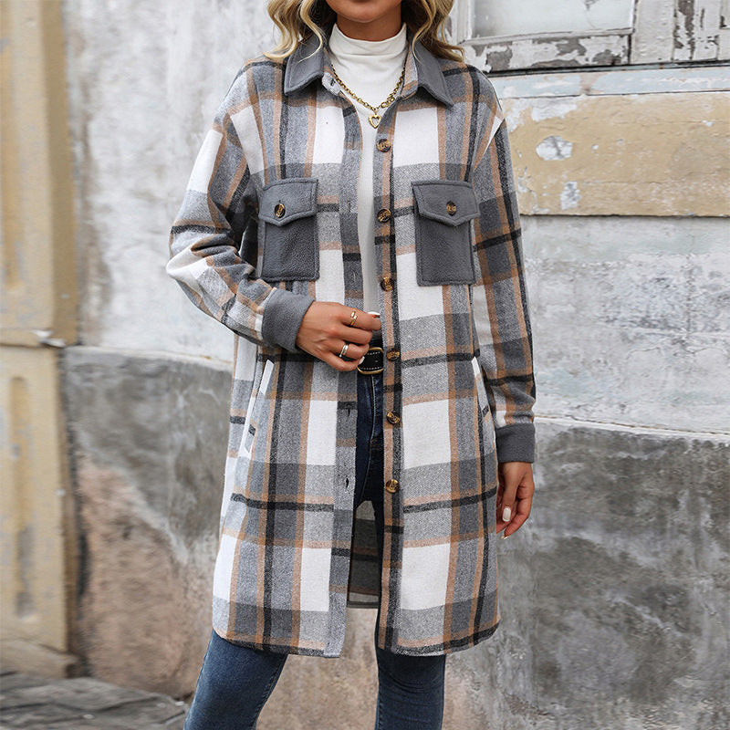 Plaid Long Coat - Women's Winter Jacket With Pockets, Loose Fit & Medium Thickness