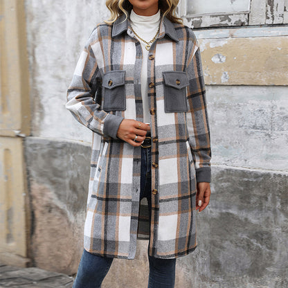 Plaid Long Coat - Women's Winter Jacket With Pockets, Loose Fit & Medium Thickness