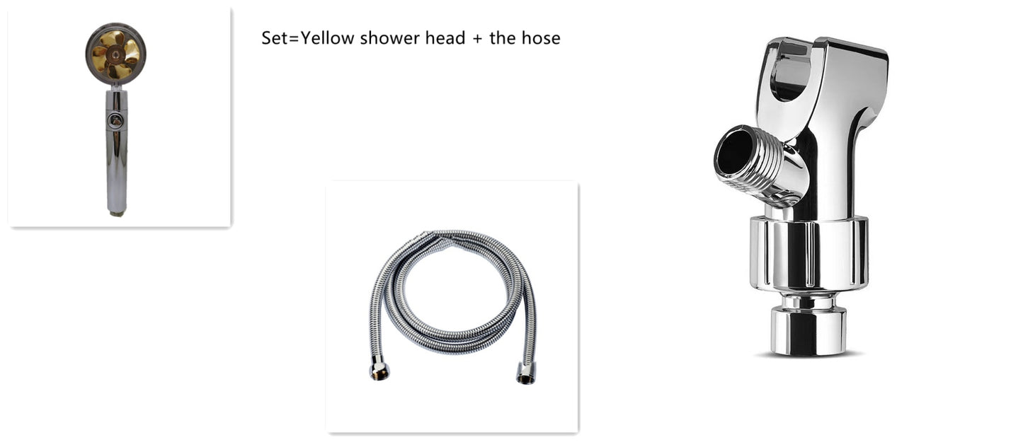 Chrome yellow shower head with hose and silver shower holder fitting
